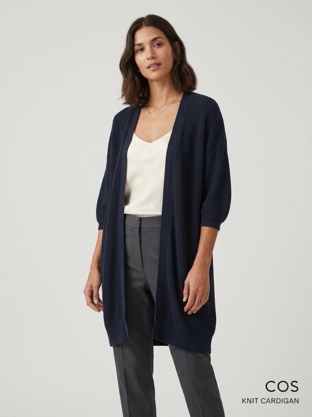 COS Dark Navy Blue Open Front Short Sleeve Longline Knit Cardigan Large